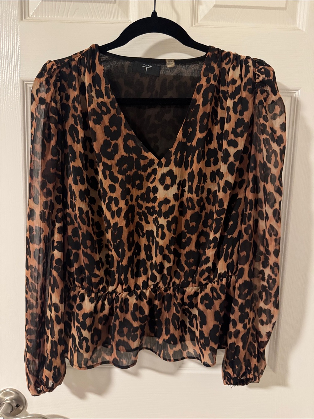 Tahari Brown and Black Leopard-Print V-Neck Blouse